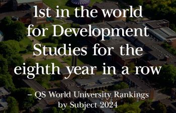 Graphic showing the СƵ campus with white text on top reading '1st in the world for Development Studies for the eighth year in a row' - QS World University Rankings by Subject 2024 White logos for IDS and СƵ.